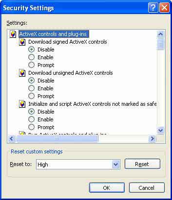 Internet Explorer security settings window image