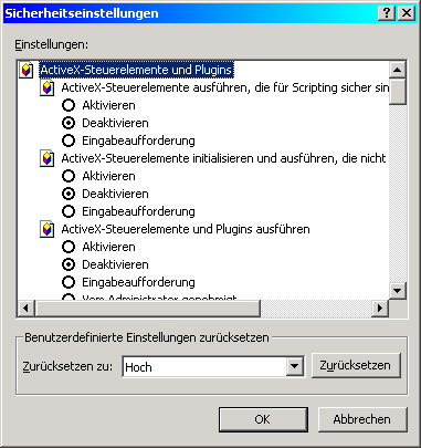 Internet Explorer Sicherheitseinstellungen