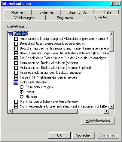 Erweiterte Internet Explorer Einstellungen